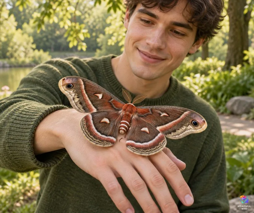 Moth landing on you: a large cecropia moth resting on a young man's open hand in a leafy park
