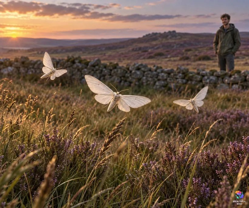 Moth soul meaning: white ghost moths hovering over a moor at dusk as a young man watches peacefully