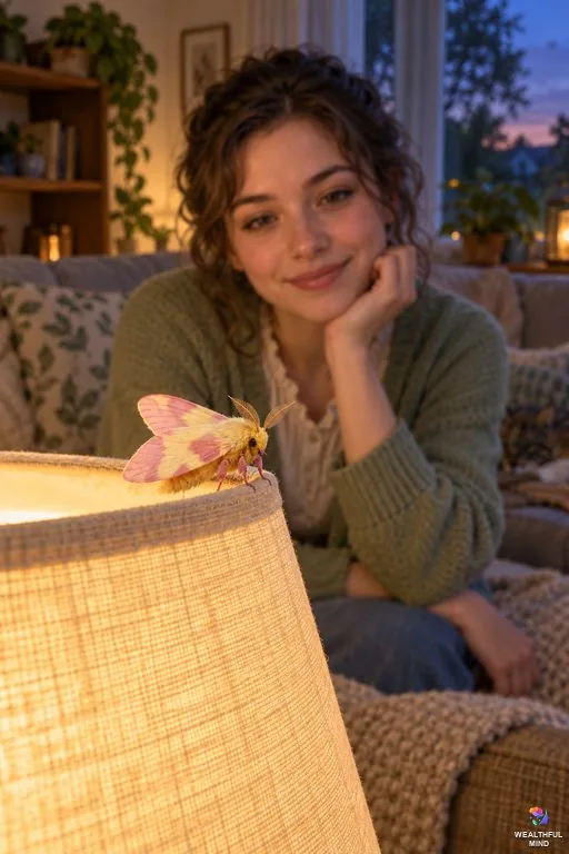 Moth spiritual meaning: a pink and yellow rosy maple moth on a lamp as a young woman watches calmly