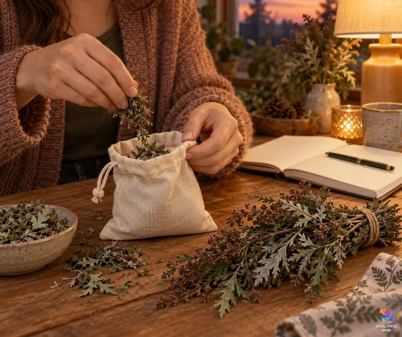 Mugwort for dreams and lucid dreaming: hands filling a small muslin dream pillow with dried mugwort