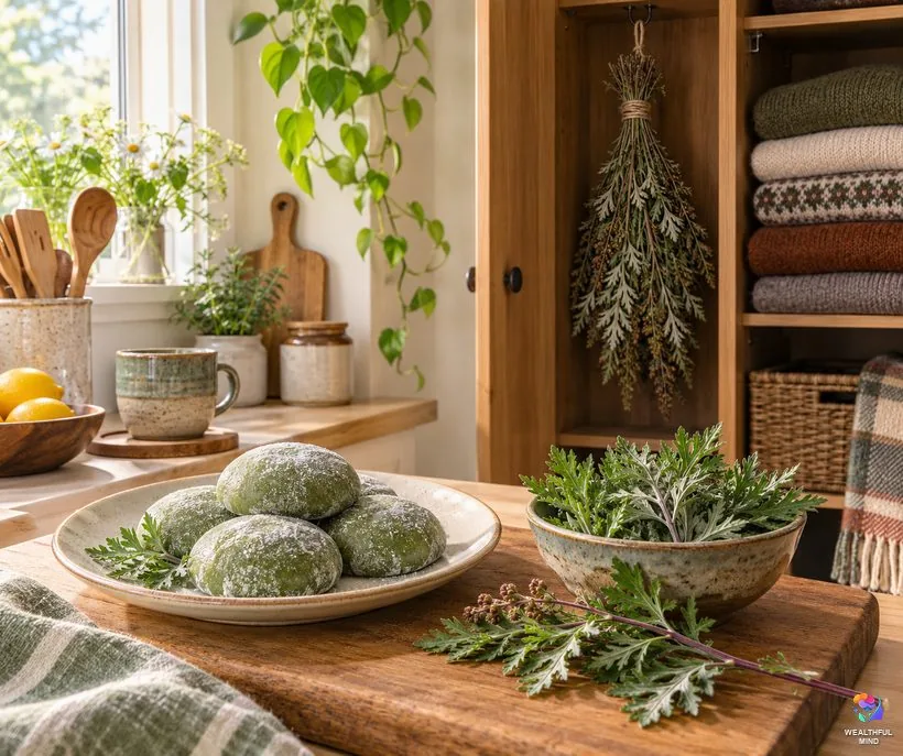 Mugwort in the kitchen and around the house: green mochi beside fresh mugwort leaves and a dried bundle hung among wool jumpers