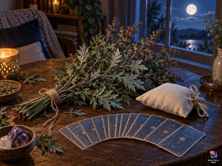Mugwort magical properties: fresh mugwort, a dream pillow and tarot cards by moonlight