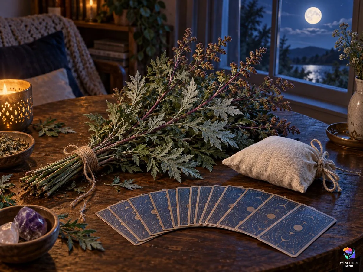 Mugwort magical properties: fresh mugwort, a dream pillow and tarot cards by moonlight