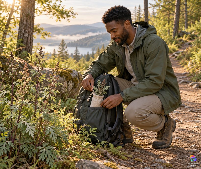 Mugwort for protection and travel: a young man tucking a mugwort pouch into his backpack before a hike