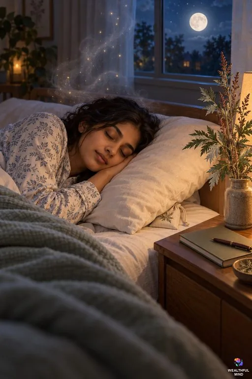 Mugwort spiritual uses: a young woman asleep with a mugwort dream pillow under her head on a full moon night
