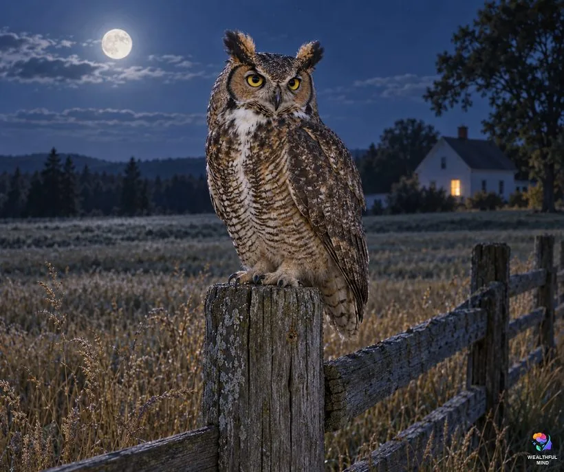 A calm great horned owl on a fence post near a farmhouse at night