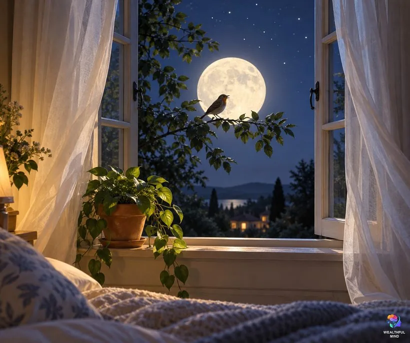 A small bird singing on a branch outside a moonlit bedroom window