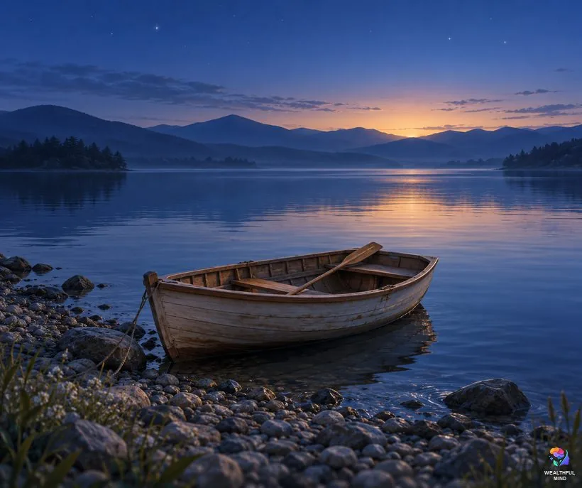 Night prayer hours: a still lake in the deep blue hour before dawn with a small boat near the shore