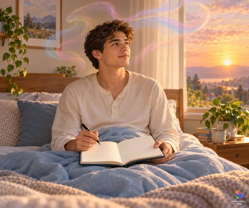 Frequent nightmares and not remembering dreams: a young man at sunrise with a dream journal in bed