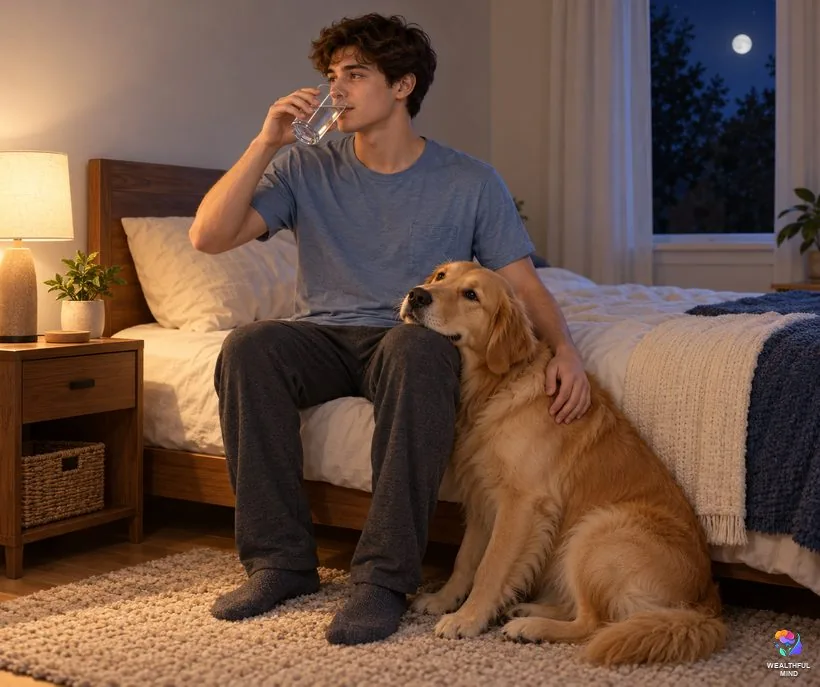 Nightmares and when to see a doctor: a young man calmly drinking water on his bed at night as his dog rests nearby
