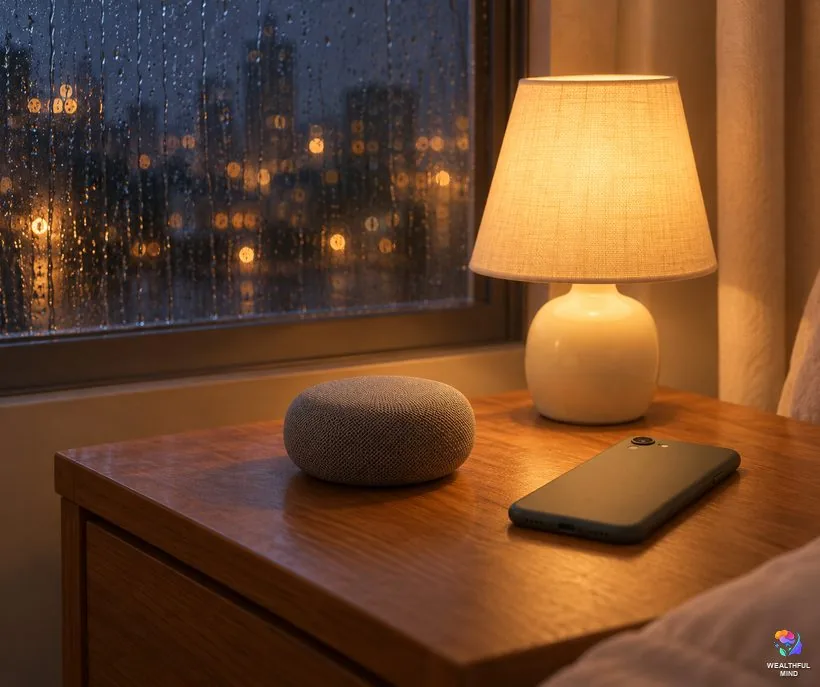 No method black screen track: a small speaker playing rain sounds quietly on a nightstand, phone face down