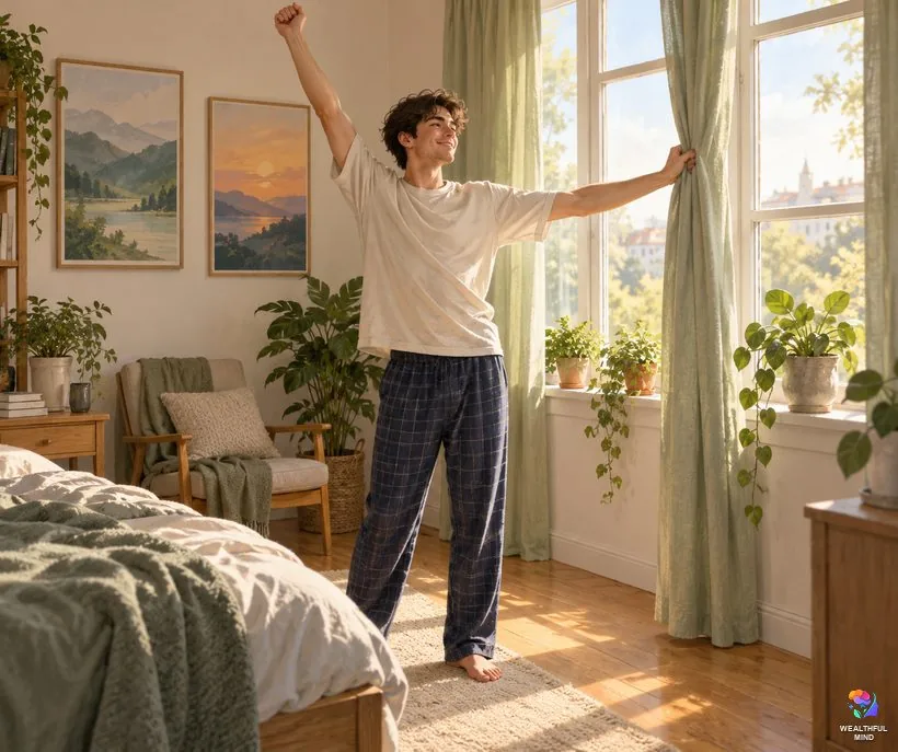 Tried no method and nothing happened: a young man opening his curtains to morning sun in his own bedroom