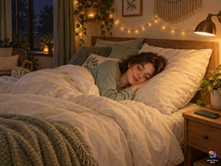 No method shifting: a young woman falling asleep calmly in her softly lit bedroom