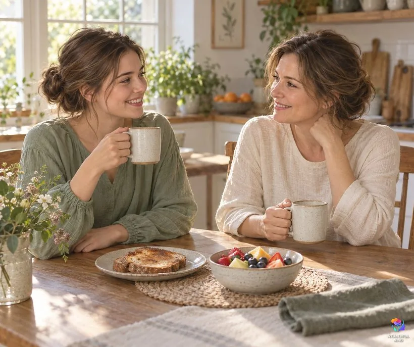 Staying safe with no method: a young woman talking with her mother over breakfast at the kitchen table