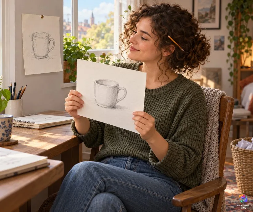 No natural talent? A young woman comparing her early sketch with a better recent one after practice