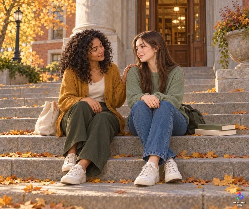 Not shifting is not your fault: a friend comforting a young woman on sunny library steps