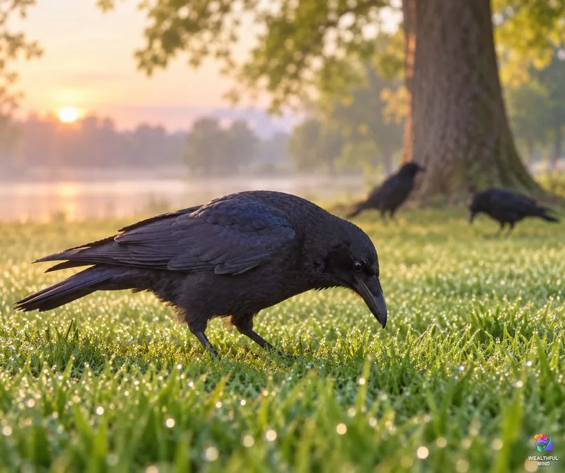 One crow meaning: a single American crow foraging on a dewy lawn, with its family in the background