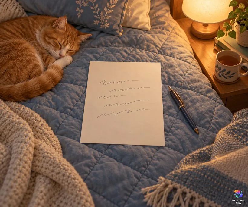 One-page shifting script for beginners resting on a bed with a pen and a sleepy cat