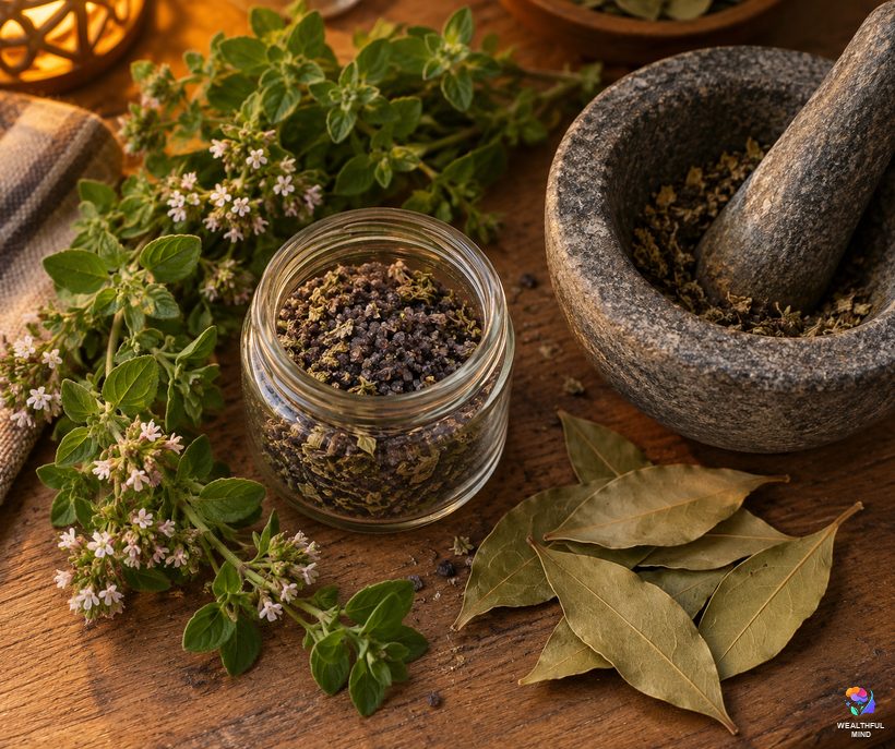 Oregano for protection: fresh oregano beside a jar of homemade black salt on a kitchen counter