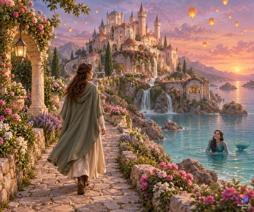 Original fantasy desired reality: a young woman walking toward a pastel castle with a lagoon and floating lanterns at twilight