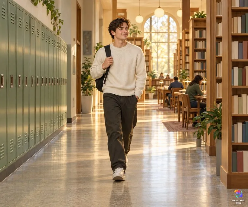 Outgrown high school DR: a school hallway turning into a sunlit university library as a young man walks through