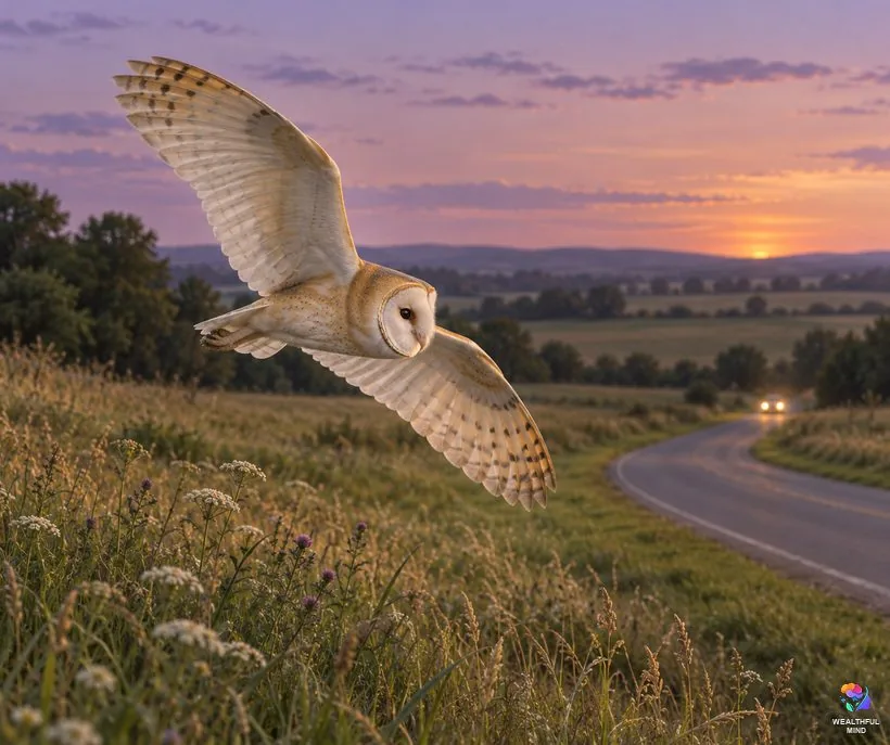 Owl crossing your path while driving: a barn owl gliding over a grassy roadside in soft headlight glow at dusk