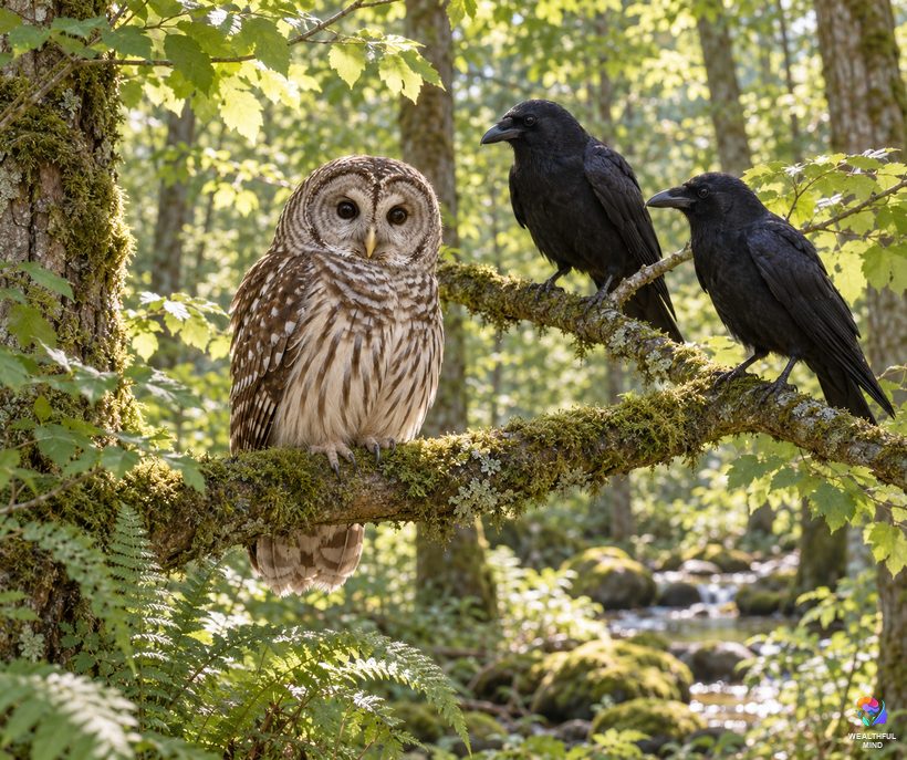 Seeing an owl during the day: a barred owl awake on a sunlit branch while two crows watch nearby