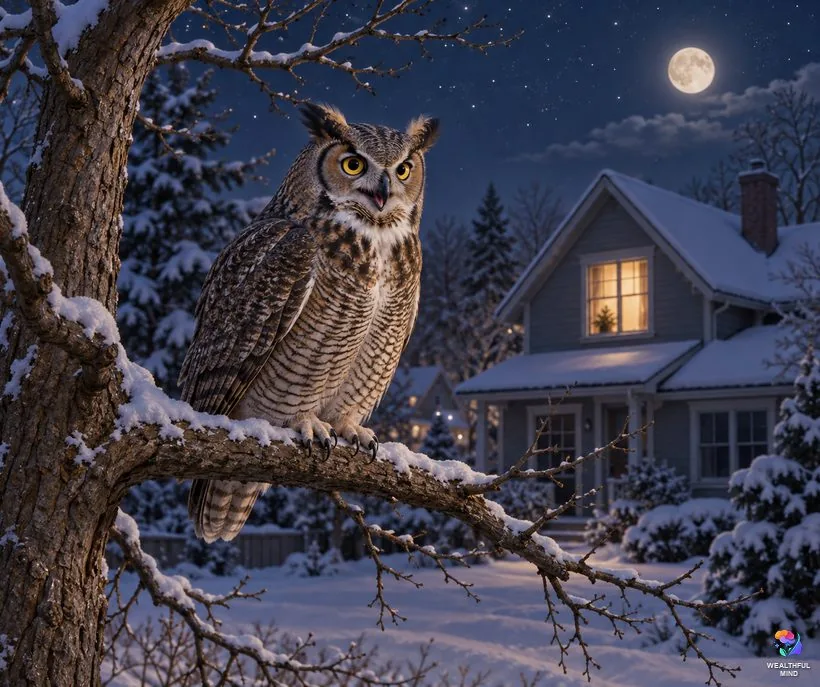Owl hooting at night outside your house: a great horned owl calling from a bare tree beside a lit window in winter