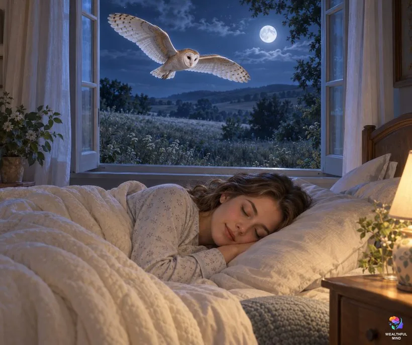 Owl in a dream: a young woman sleeping peacefully as a barn owl drifts over a moonlit meadow outside