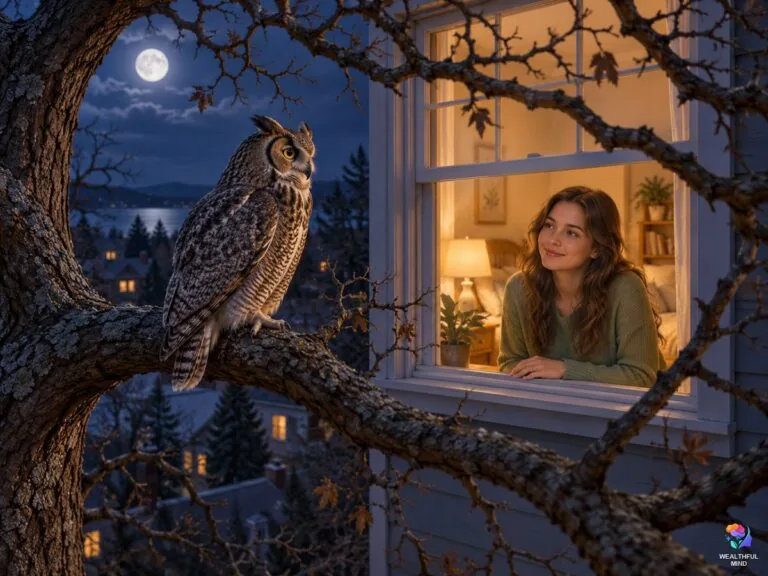 Owl spiritual meaning: a young woman at her window watching a great horned owl in the moonlight