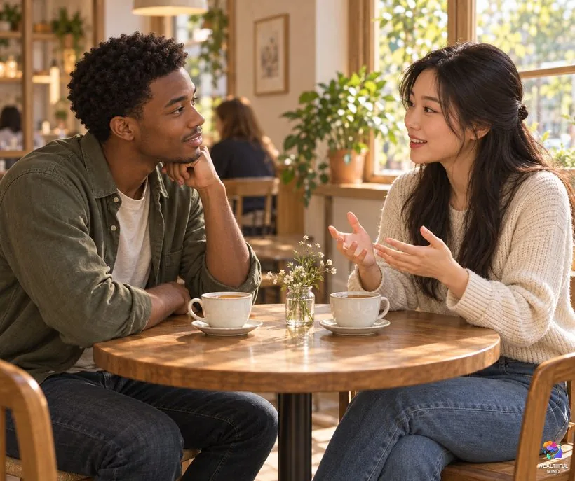 Perception checking examples: two friends at a cafe clearing up a misunderstanding by asking and explaining