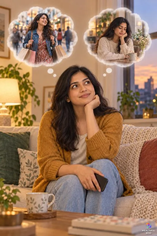 Perception checking: a young woman pausing before replying to a message, imagining two different reasons for her friend's short reply