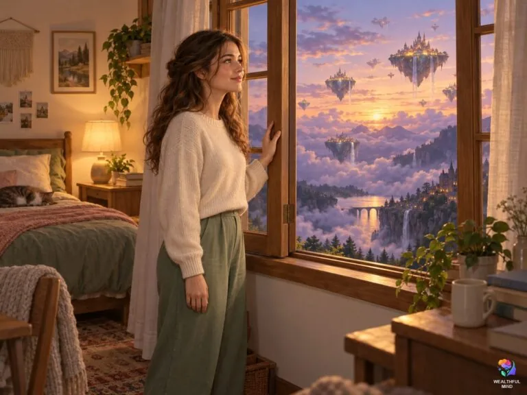Permashifting: a young woman at her window looking toward a dreamlike far-away world from her warm room