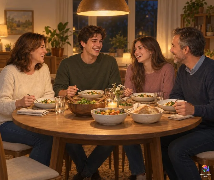 Will my family miss me if I permashift: a young man laughing over dinner with his parents and sister at home