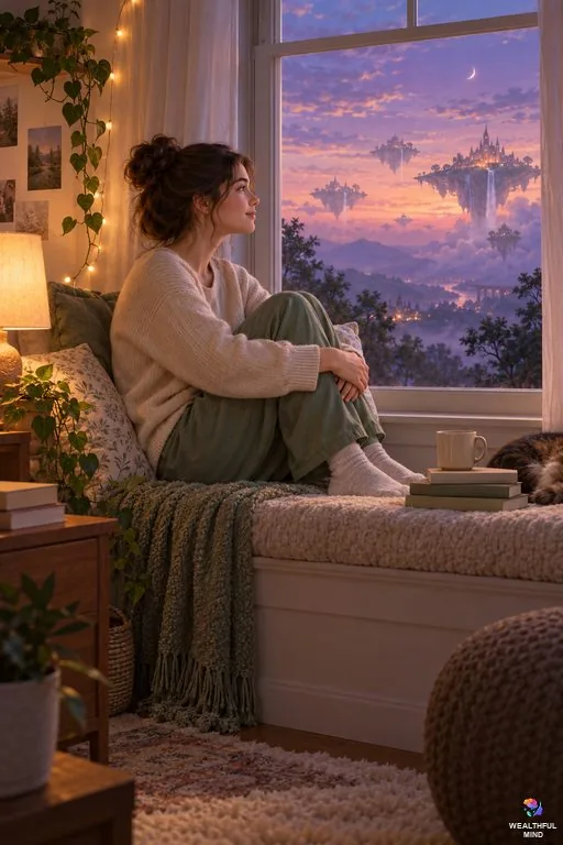 Permashifting: a young woman on her window seat at dusk, thinking about a dreamlike far-off world while her warm room glows behind her