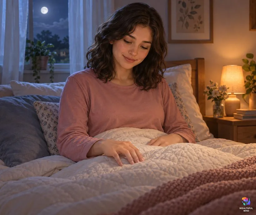 Common problems with the piano method: a young woman in bed at night, fingers resting as if on imaginary piano keys