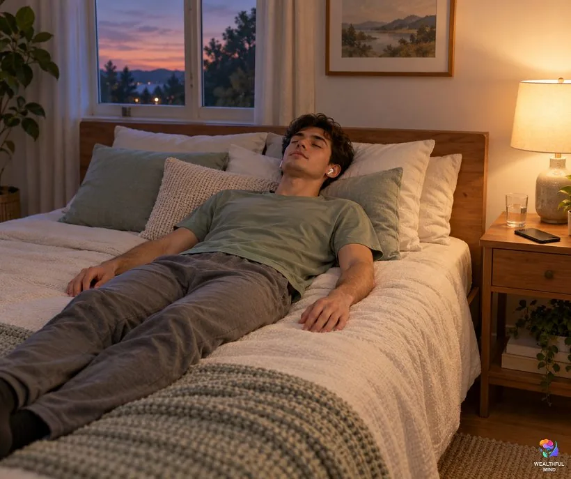 Before you start the piano method: a young man lying in bed with earbuds in, choosing a calm song to shift with