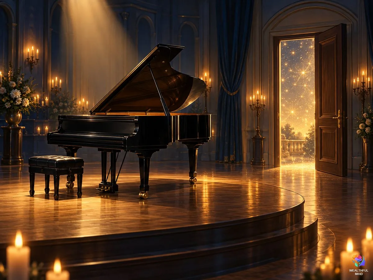 Piano method shifting: a young woman at a grand piano beside an open door glowing with golden light and stars