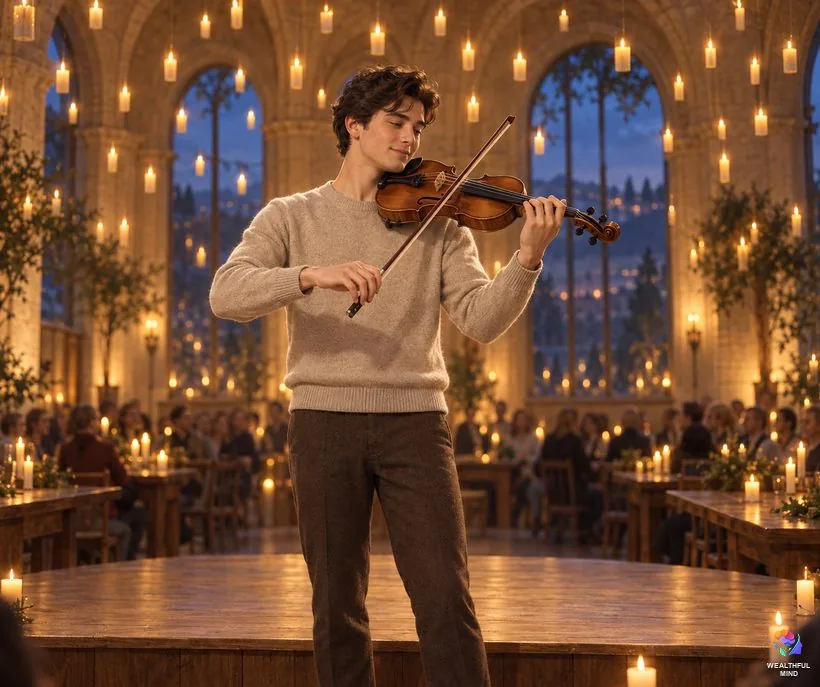 Ways to change the piano method: a young man playing a violin in a candlelit great hall instead of a piano