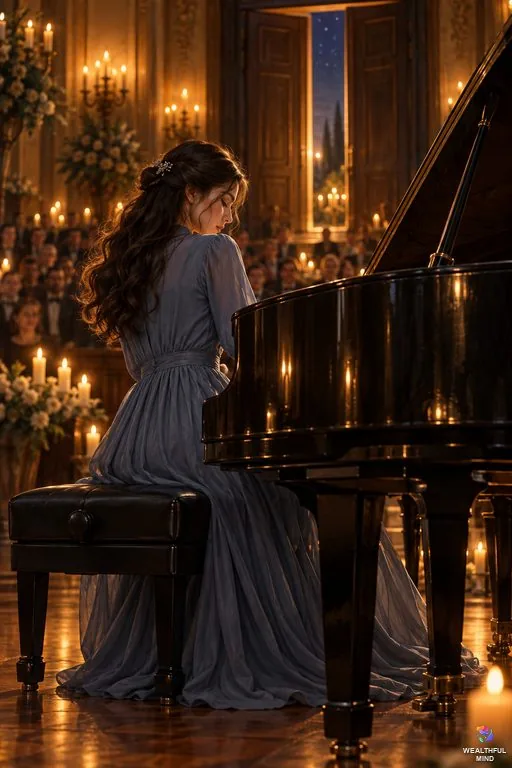 Piano method shifting: a young woman playing a grand piano in a candlelit hall, with a glowing door to her desired reality behind her