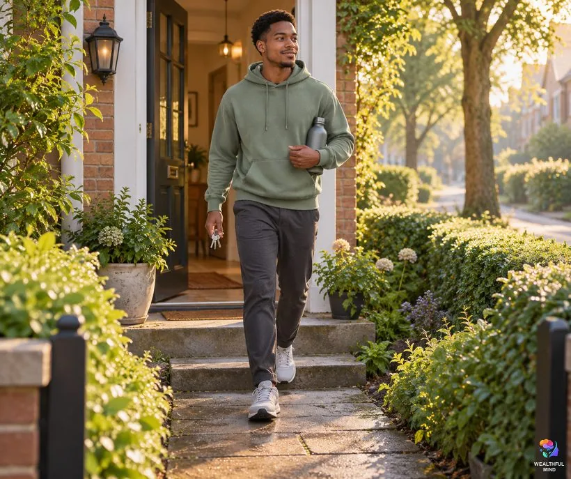 Pick one small goal when life sucks: a young man heading out for a morning walk with a calm smile