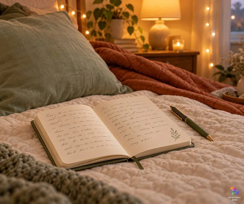 Affirmations for the pillow method: a handwritten page of affirmations on a bed beside a pillow