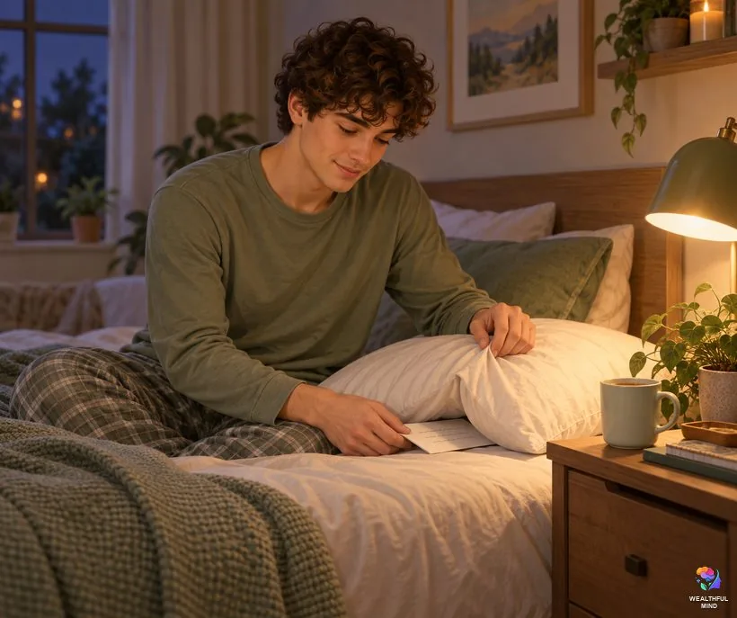 Pillow method for beginners: a young man sliding his folded shifting script under his pillow at bedtime