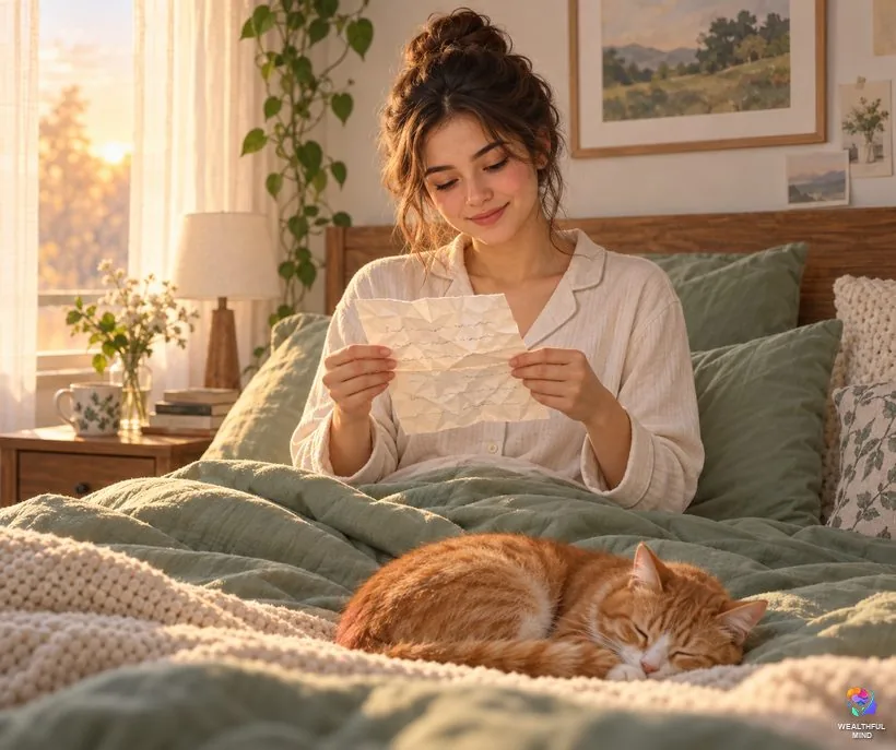 When the pillow method doesn't work: a young woman reading her script in the morning with a patient smile