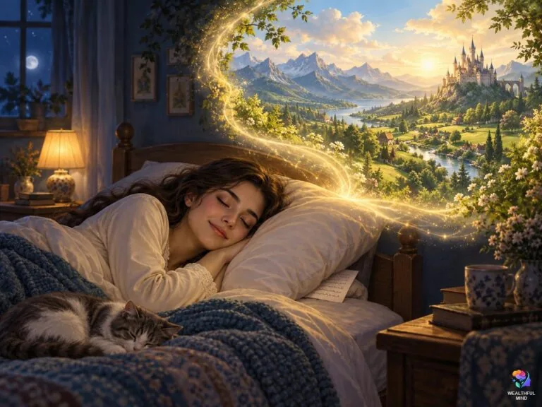 Pillow method shifting: a young woman asleep with her script under her pillow as a path of light opens to her desired reality