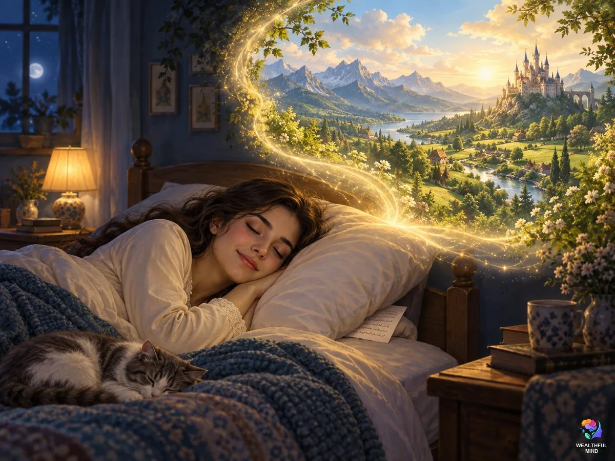 Pillow method shifting: a young woman asleep with her script under her pillow as a path of light opens to her desired reality