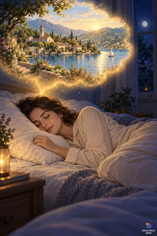 Pillow method shifting: a young woman asleep with her script under her pillow as a glow opens onto her desired reality