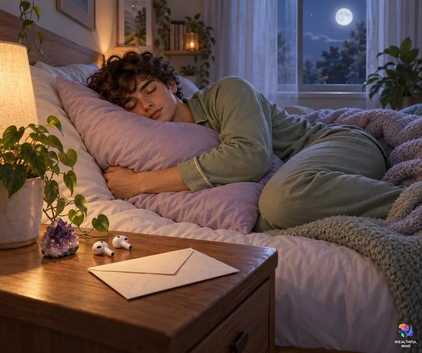 Pillow method variations: a young man hugging his pillow with a letter, a crystal and earbuds on the nightstand