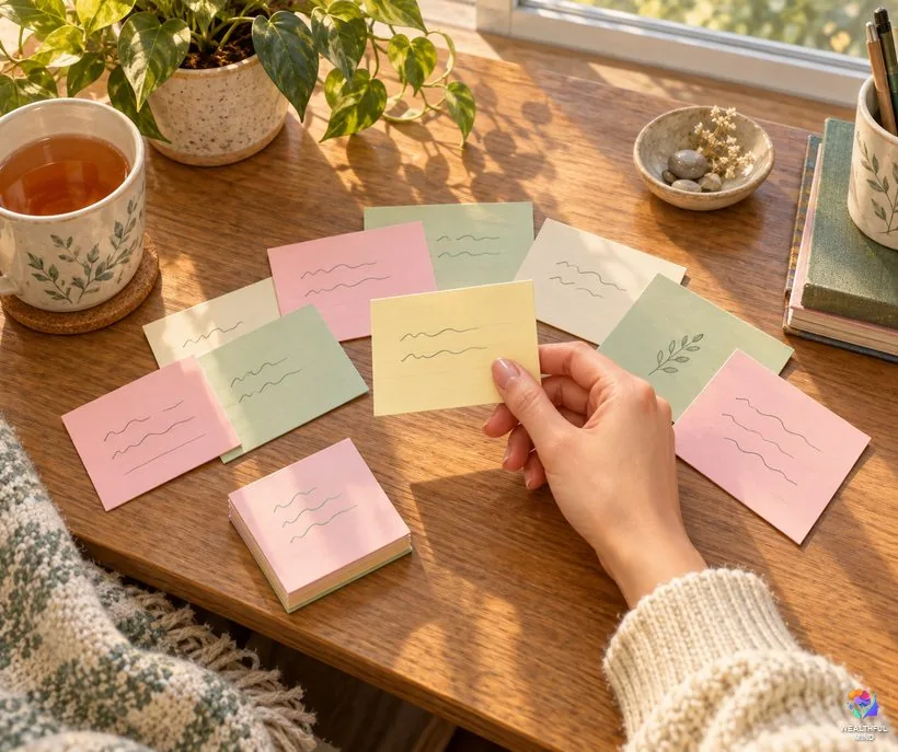 Positive shifting affirmations: a young woman picking her favorite affirmation card from a colorful handwritten pile
