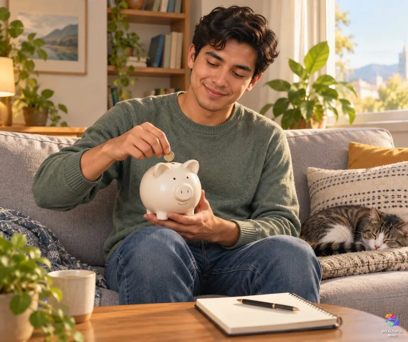 Practical money habits for manifesting money: a young man saving coins in a piggy bank at home